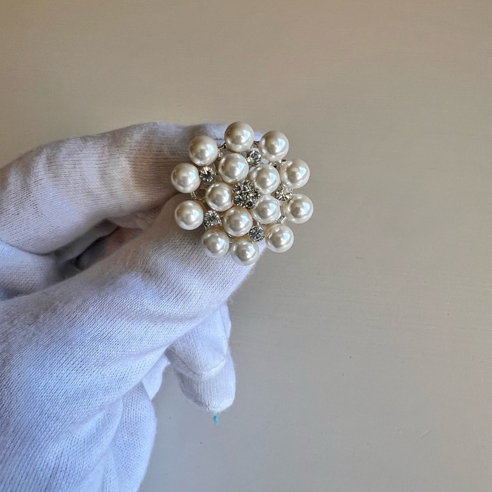 Pearl Cluster Brooch - White Pearls with Rhinestone Accent